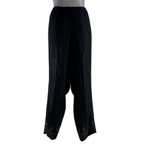 Vtg Joan Leslie Pant Womens L Black Taupe Flower Print Stretch Casual Career